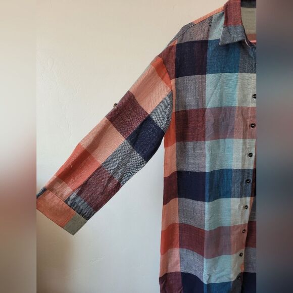 Plaid Shirtdress Red Blue Checkered Lightweight Boho Hippie Teacher Artsy Small - Picture 7 of 12